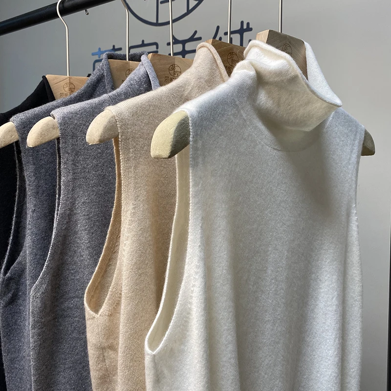 MJ2557小山羊绒堆堆领无袖套头针织打底衫女纯色羊绒衫