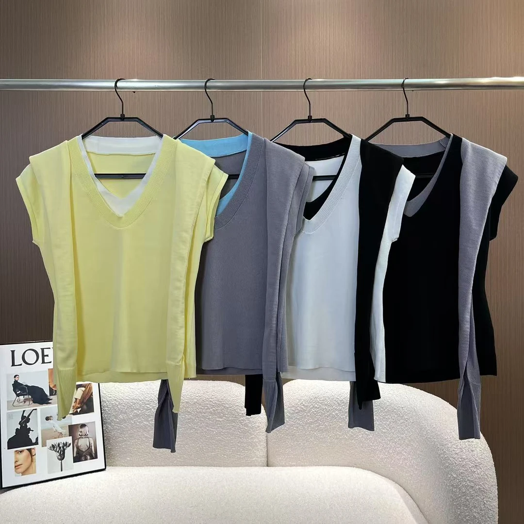【日常随穿】夏日韩系温柔法式拼色V领针织无袖上衣(带披肩)11952