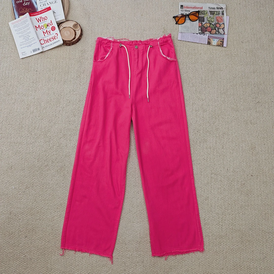 2025夏季新款休闲水洗做旧纯色牛仔裤阔腿裤3048