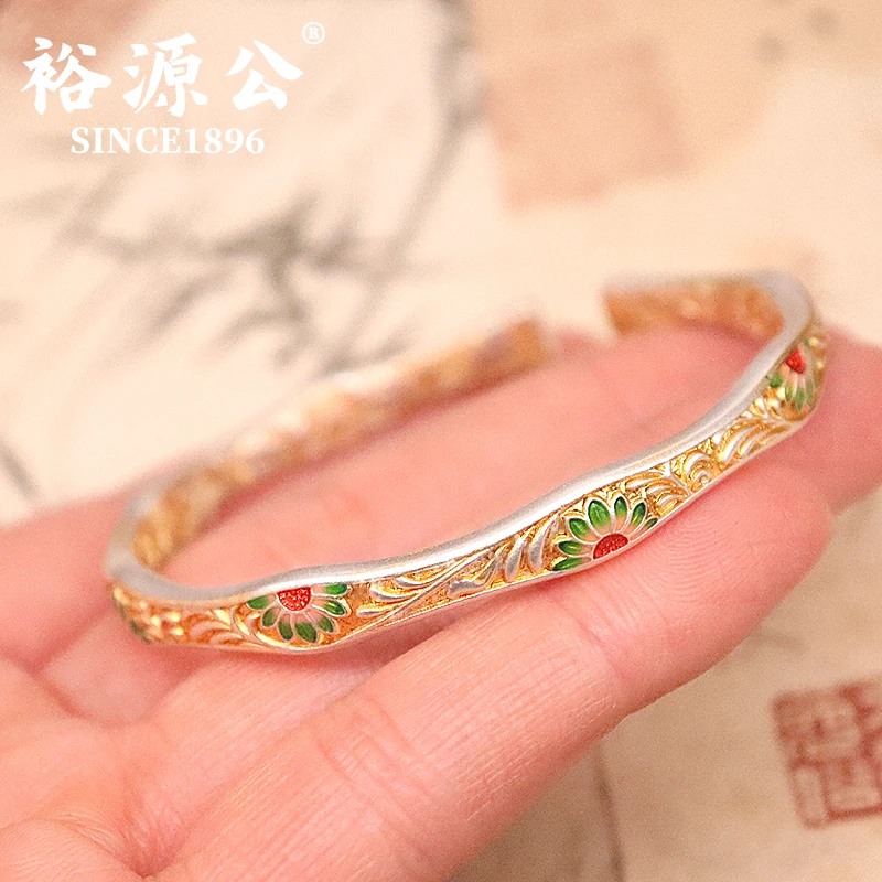 裕源公 足银珐琅手镯 足银9999珐琅彩太阳花藤银手镯唐草纹银镯子