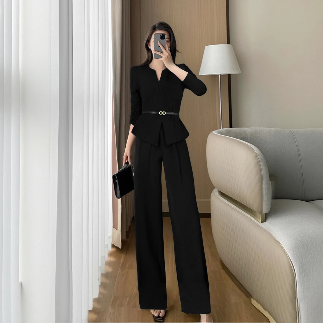 A2025新款春季黑色长袖女搭配一整套轻奢高级感两件套D0161