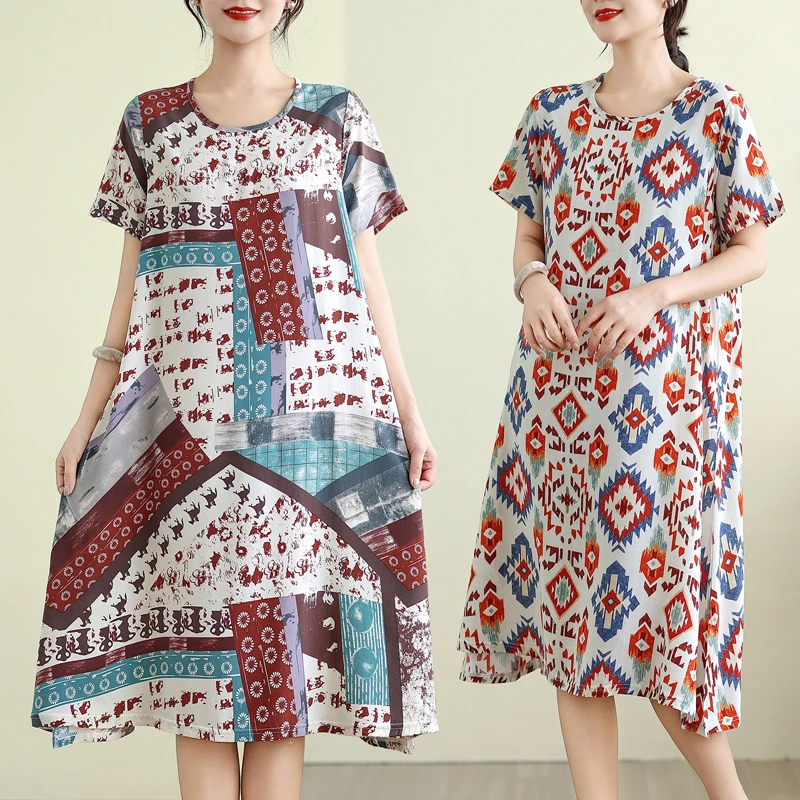 大码女装夏季新款宽松遮肚圆领中长裙胖MM女裙民族风棉绸连衣裙子