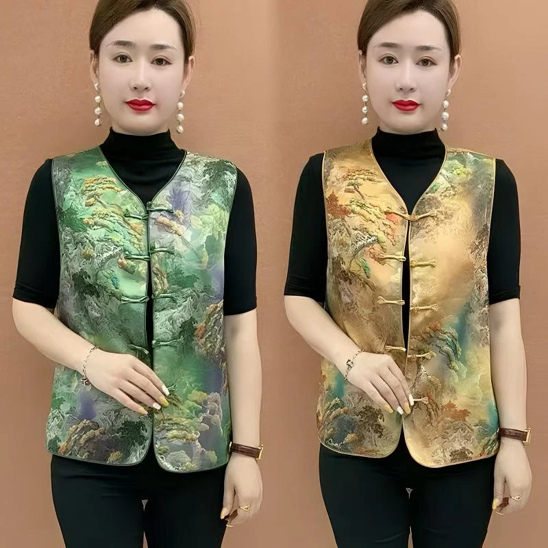 中式国风气质马甲时尚复古提花坎肩背心盘扣女装新款妈妈无袖上衣