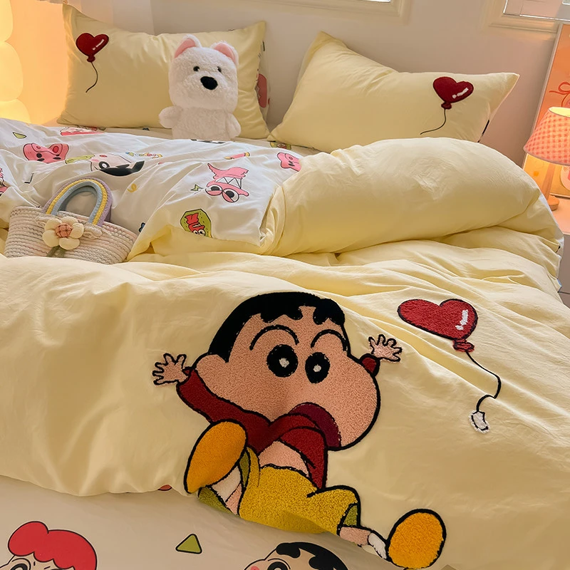 蜡笔小新水洗棉四件套非全棉纯棉被套单人学生宿舍三件式床组床品