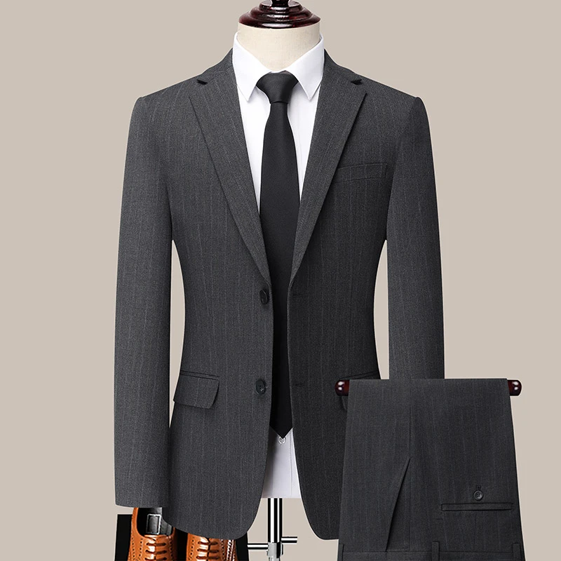 高品 2025秋季新款男士条纹西服套装韩版修身款婚礼西装两件套