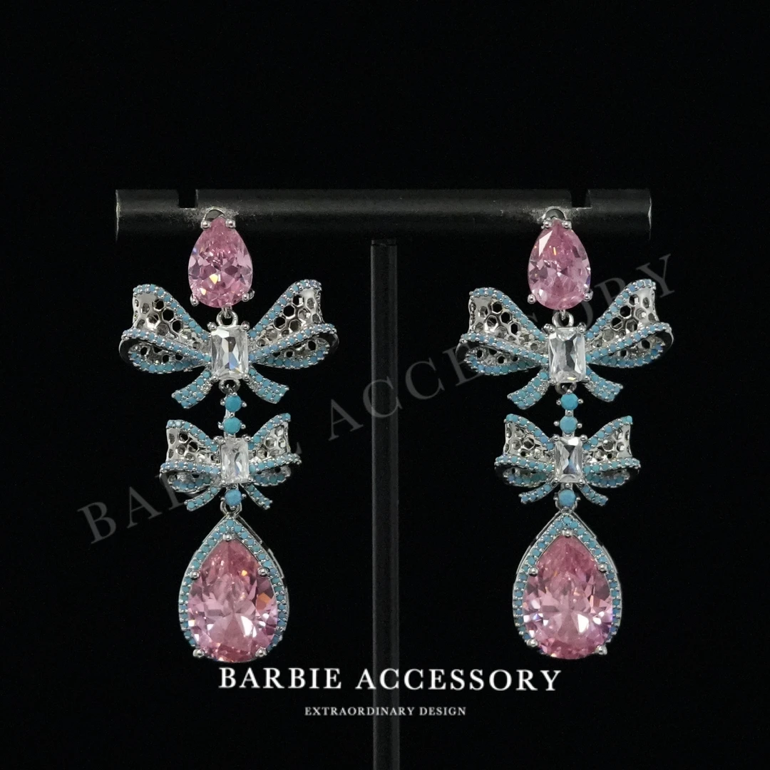 铜合金合成锆石耳饰 【蝶馨粉蓝】时尚轻奢设计款高级绝美百搭耳环