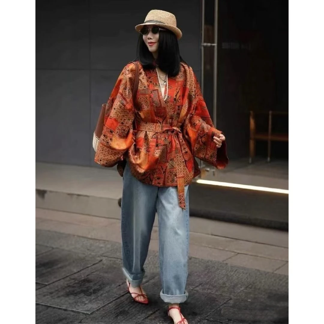 薄款宽松型短外套扎染法式复古印花长袖斗篷外套女显瘦百搭上衣潮