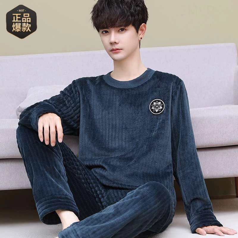 套头睡衣男法兰绒加厚加绒秋冬季珊瑚绒男士家居服2025年新款大码