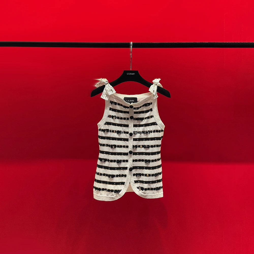 【L.K.BABY】独占心扉 纯欲甜美蝴蝶结减龄条纹无袖背心W083