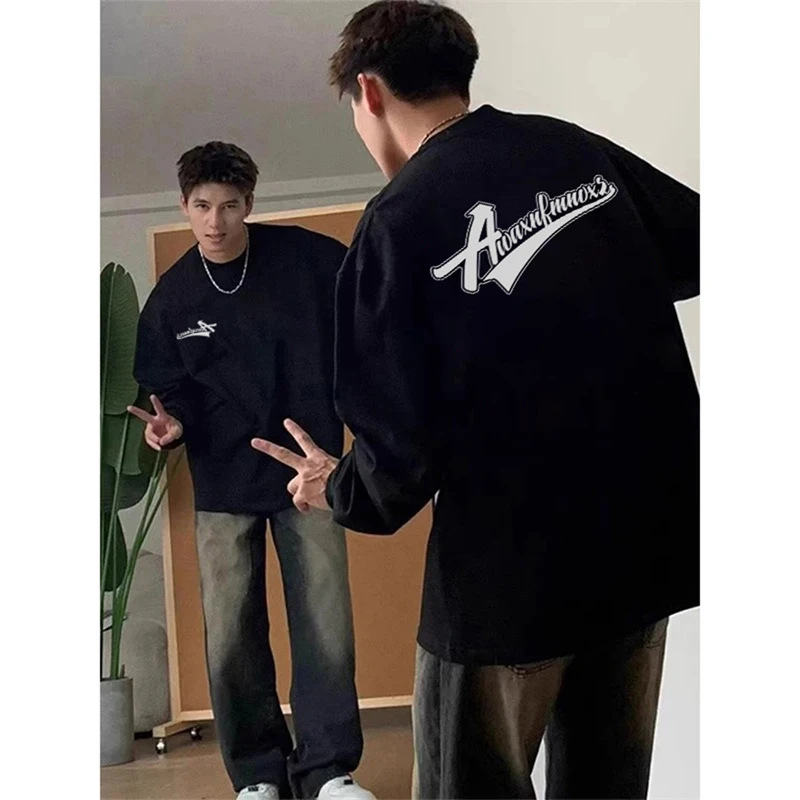 港风复古字母印花长袖T恤男女秋冬季宽松百搭打底衫纯棉休闲上衣