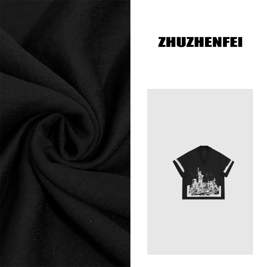 ZHUZHENFEI【自由女神】轻奢高级美式圆领刮画图设计感T恤 Z352173