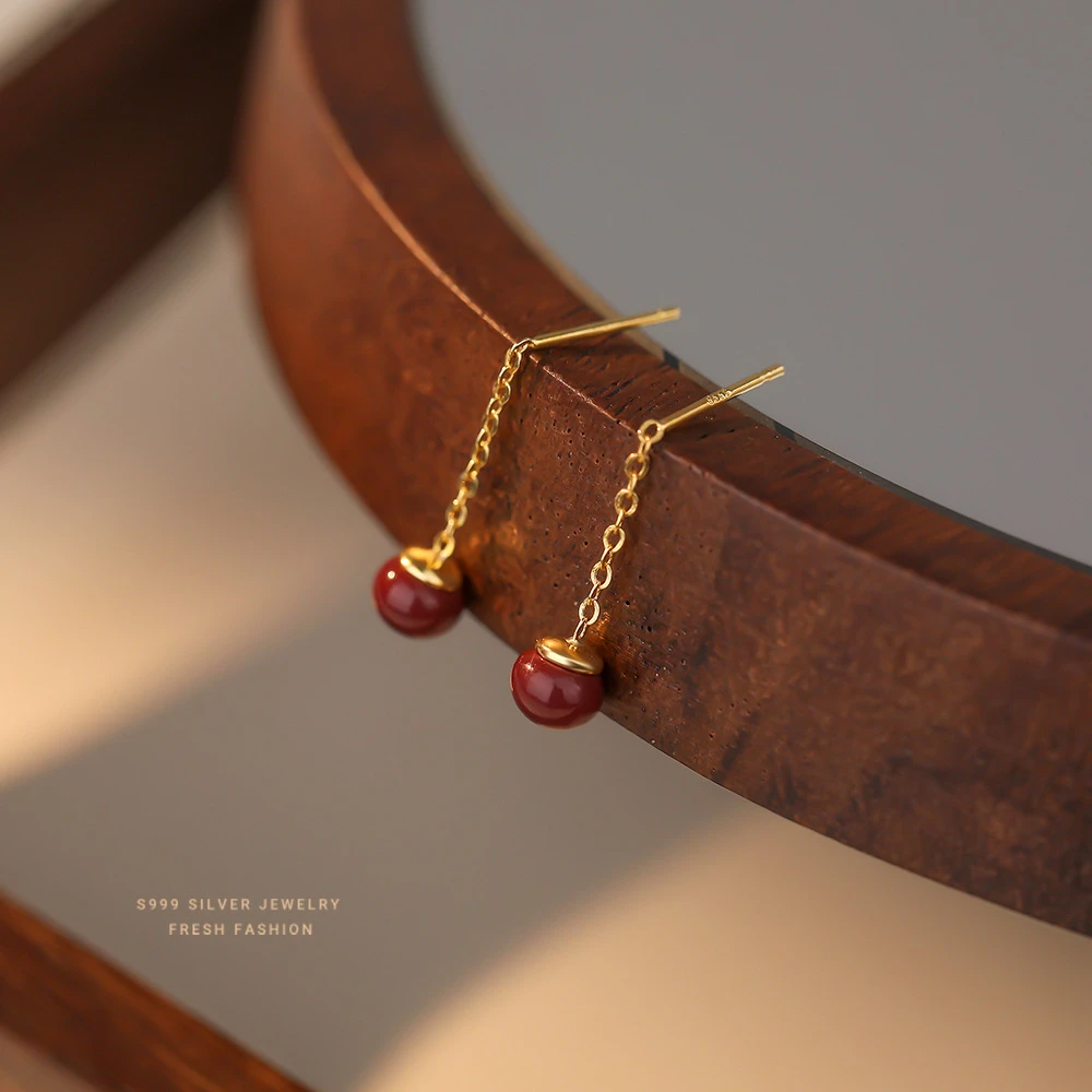 足银耳饰 红色复古圆珠流苏耳钉女s999纯银小众设计高级感轻奢