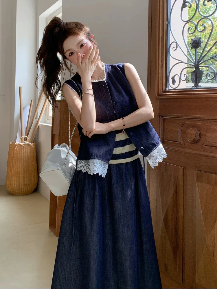 妮妮家25062夏季新款蕾丝花边牛仔马甲➕半身裙两件套