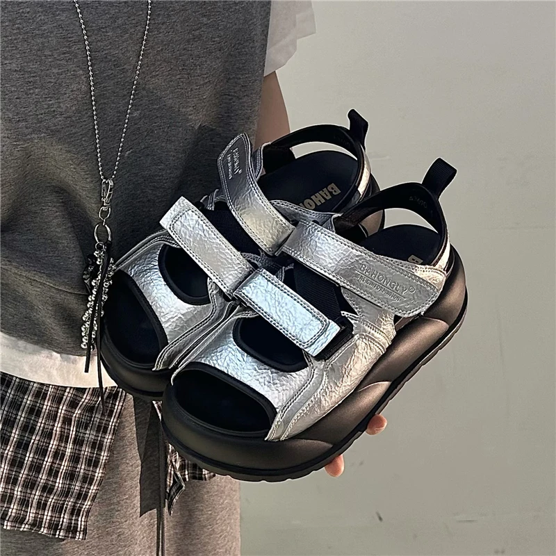 栢香妮BAHONGLY厚底凉鞋女2025夏魔术贴轻便防滑增高运动老爹凉拖