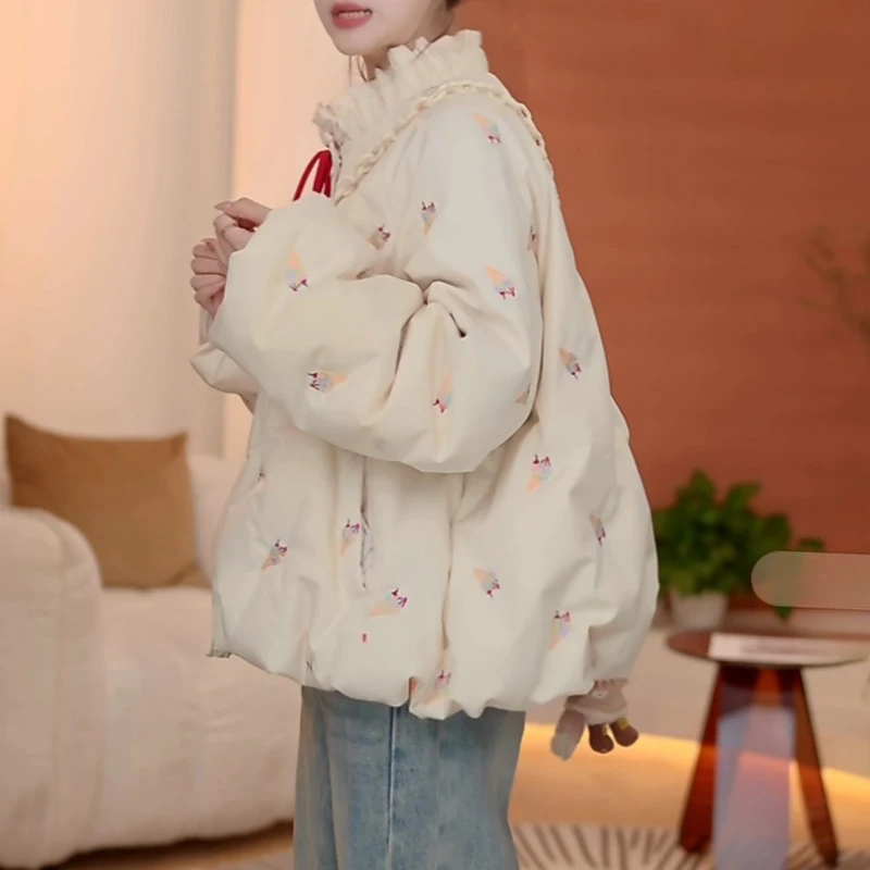 潮流休闲柔软短款棉服女2026年秋冬季新款冰淇淋刺绣大气保暖棉衣