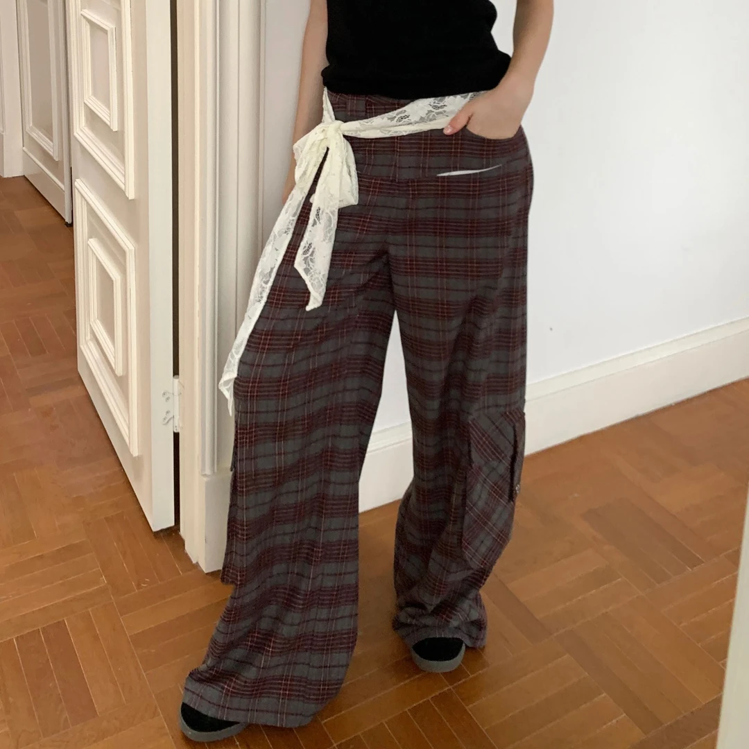 AndAnything低腰格纹侧拼蕾丝阔腿裤