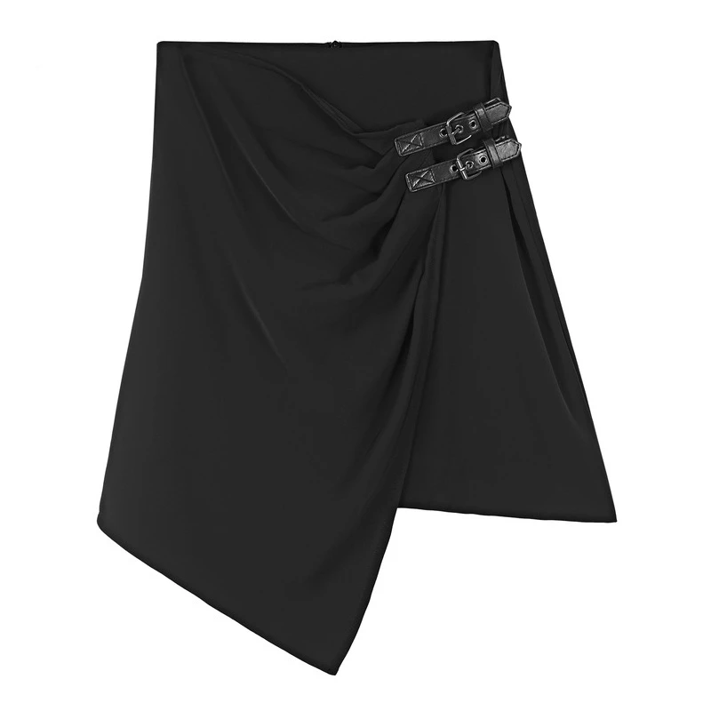 圣迪奥夏季女士时尚个性休闲黑色显瘦拼接不规则A字短裙S21281302