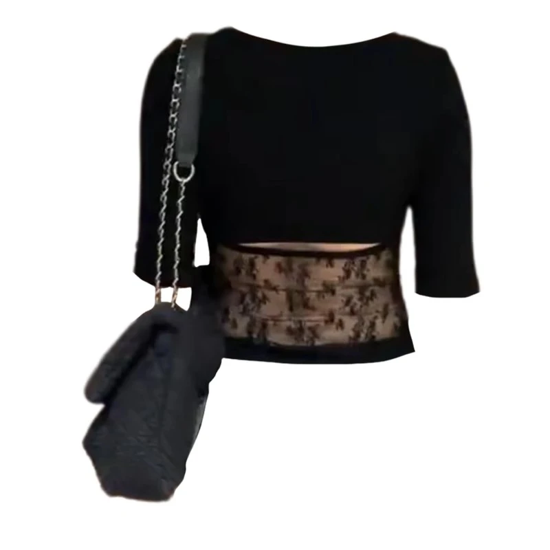 蕾丝打底设计感五分袖上衣女夏装纯欲后背镂空性感内搭中袖T恤女