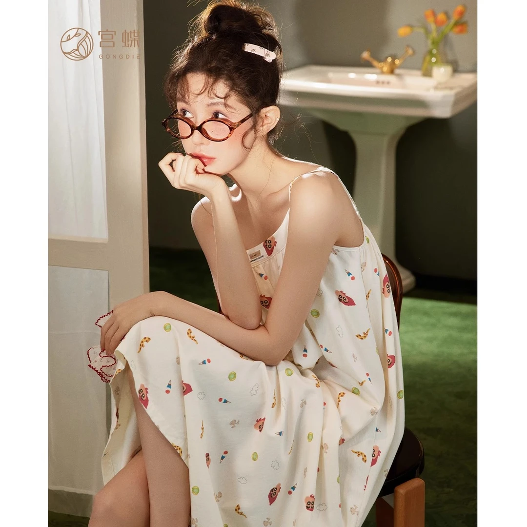 宫蝶【凉感型】蜡笔小新睡裙女夏季吊带睡衣卡通可爱家居服带胸垫