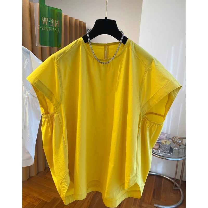 黄色小飞袖衬衫女短袖2025新款宽松显瘦漂亮圆领大版蝙蝠衫上衣夏