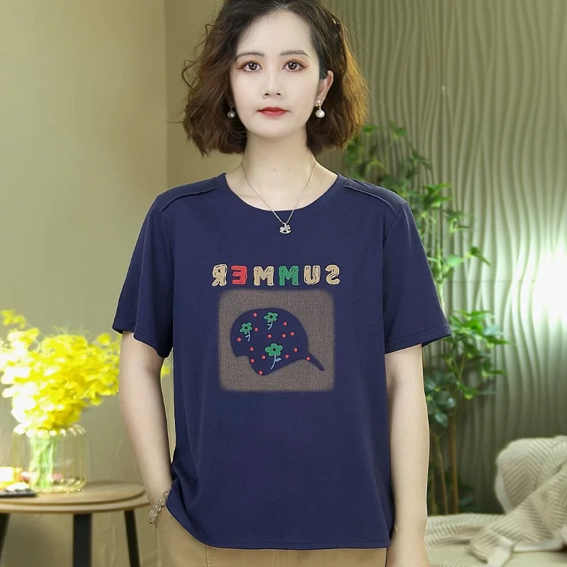 新款夏装女士短袖印花薄款T恤柔软凉爽开叉休闲上衣