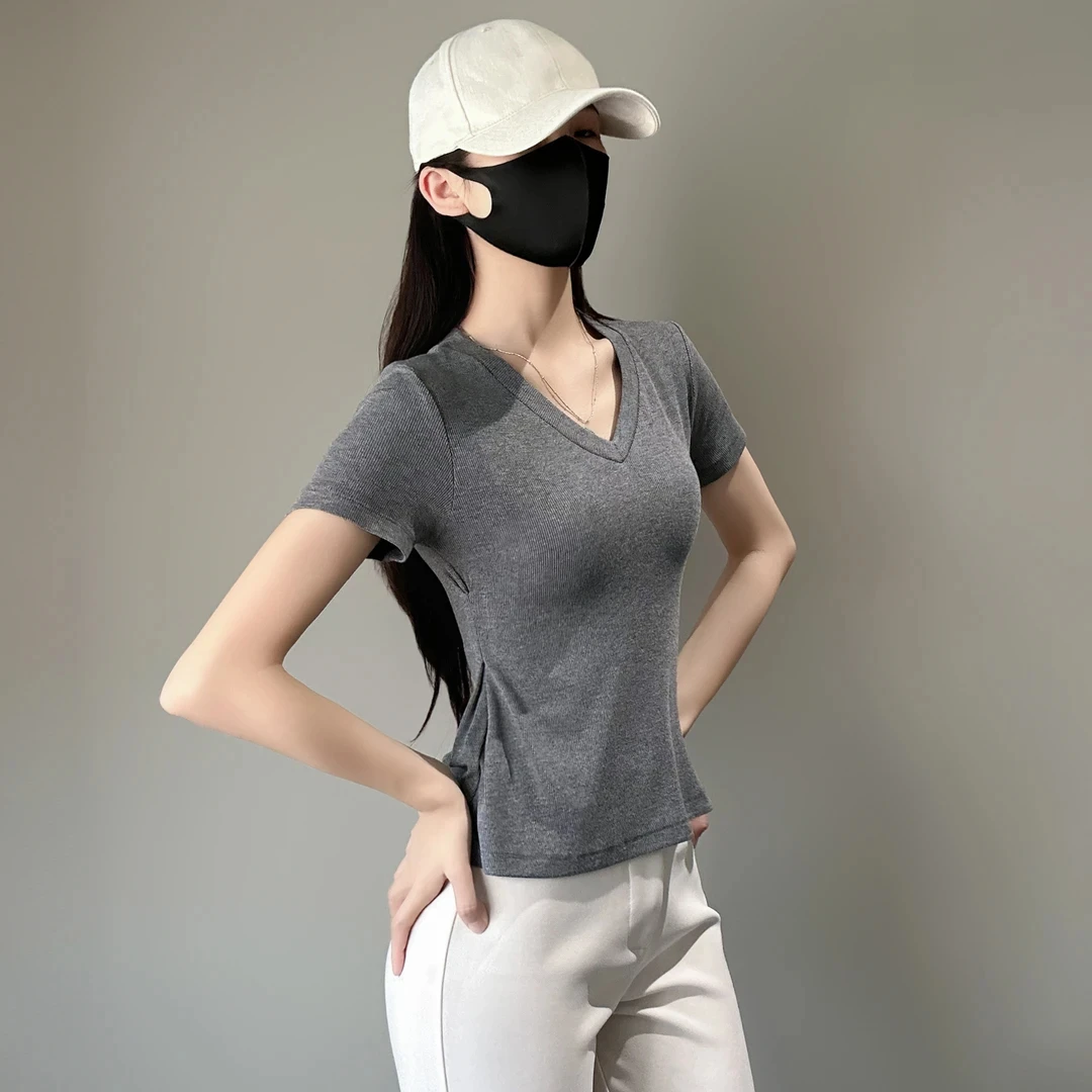 2025新款夏季V领正肩短袖掐腰纯欲辣妹t恤女遮肚显瘦鱼尾小上衣