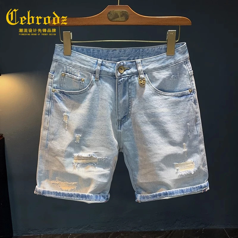 法国Cebrodz轻奢男士牛仔短款夏薄款浅蓝色五分破洞水洗弹力中裤