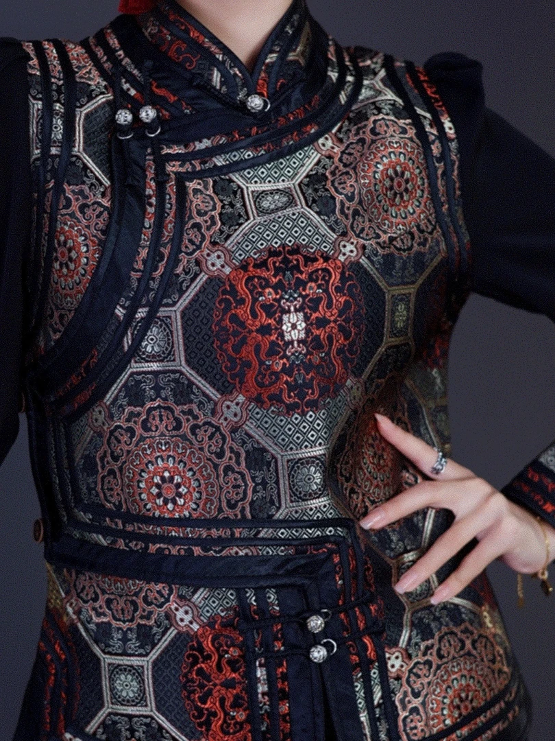 女士缎面提花蒙古上衣假两件短款