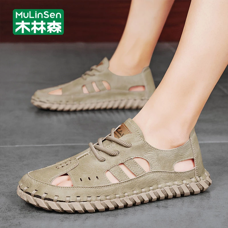 木林森男士沙滩鞋2025新款夏季透气户外开车软底耐磨包头皮凉鞋男