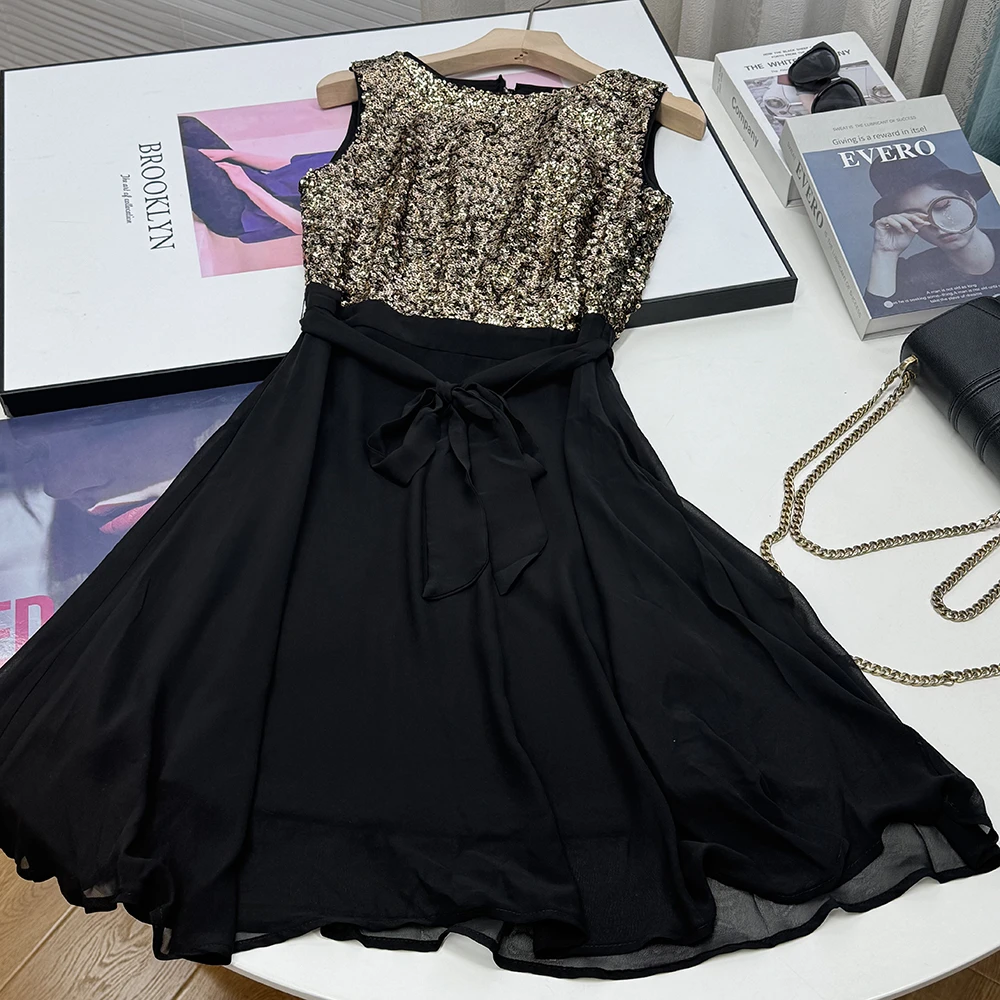 优雅精致的女人味闪闪亮片修身系带无袖连衣裙24447