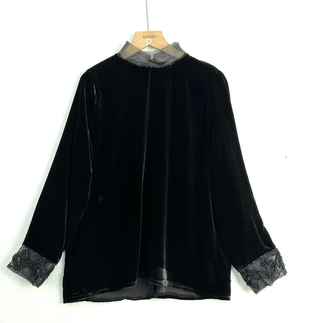 桑蚕丝丝绒欧根纱手工串珠长袖打底衫