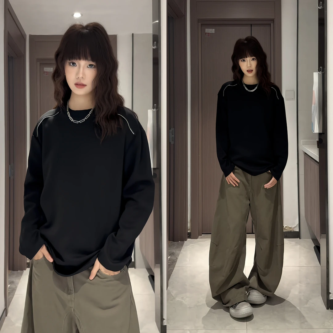 黑色解构长袖t恤男秋季cleanfit美式痞帅拉链设计卫衣内搭打底衫