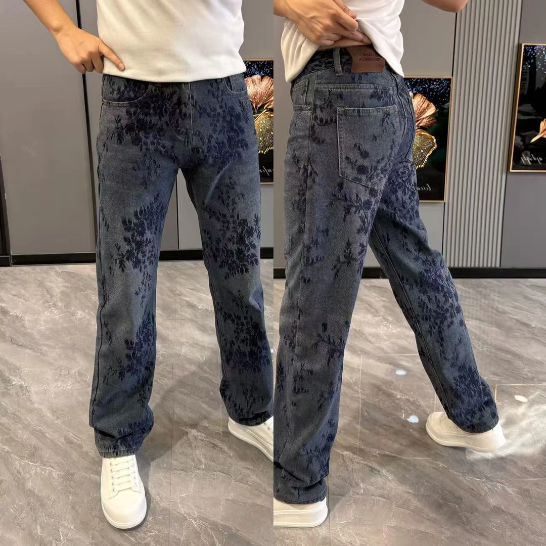 牛仔裤男款韩版提花直筒裤冬季新款修身显瘦男士牛仔裤个性裤子男