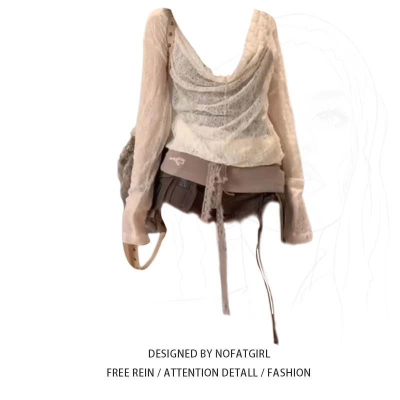 大码胖妹妹美式辣妹氛围感蕾丝荡领假两件上衣女吊带薄款防晒罩衫