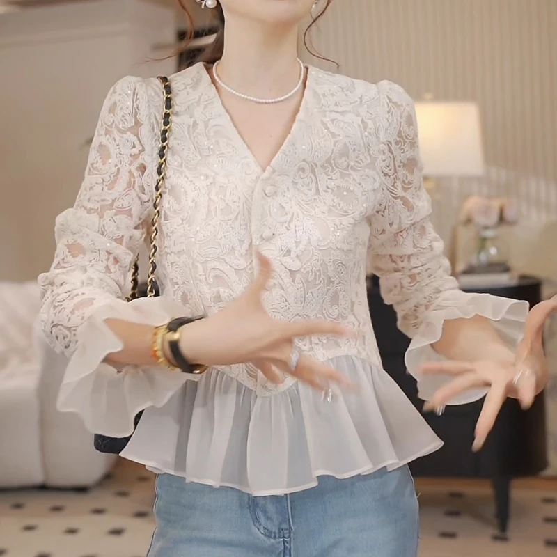 灿星锦衣~亮片蕾丝衬衫女设计感修身显瘦上衣LK2502609