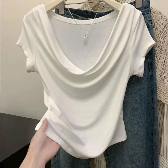 夏季莫代尔荡领褶皱白色短袖T恤女2025年新款正肩显瘦短款上衣ins