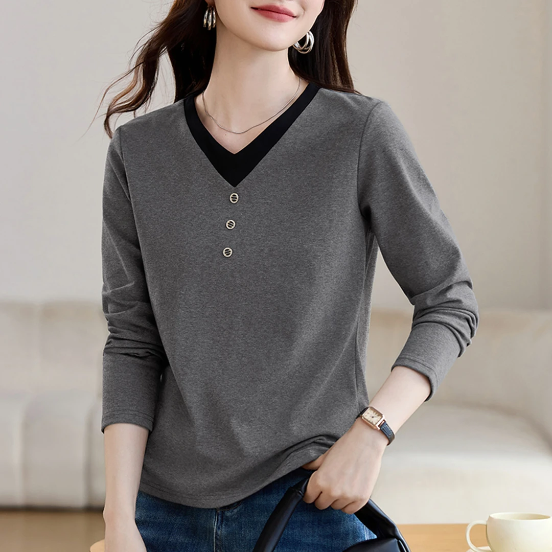 90支纱线精梳棉洋气长袖T恤正肩V领遮肉显瘦打底衫上衣高级女装