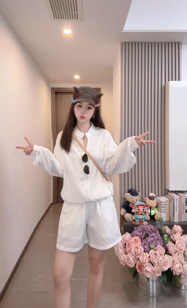 简约麻料外套短裤新品宽松百搭长袖套装66168