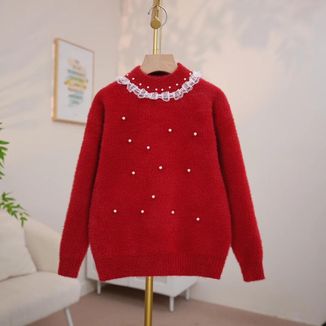 女童水貂绒红色毛衣2025新年6-12岁潮款中大童上衣洋气儿童针织衫