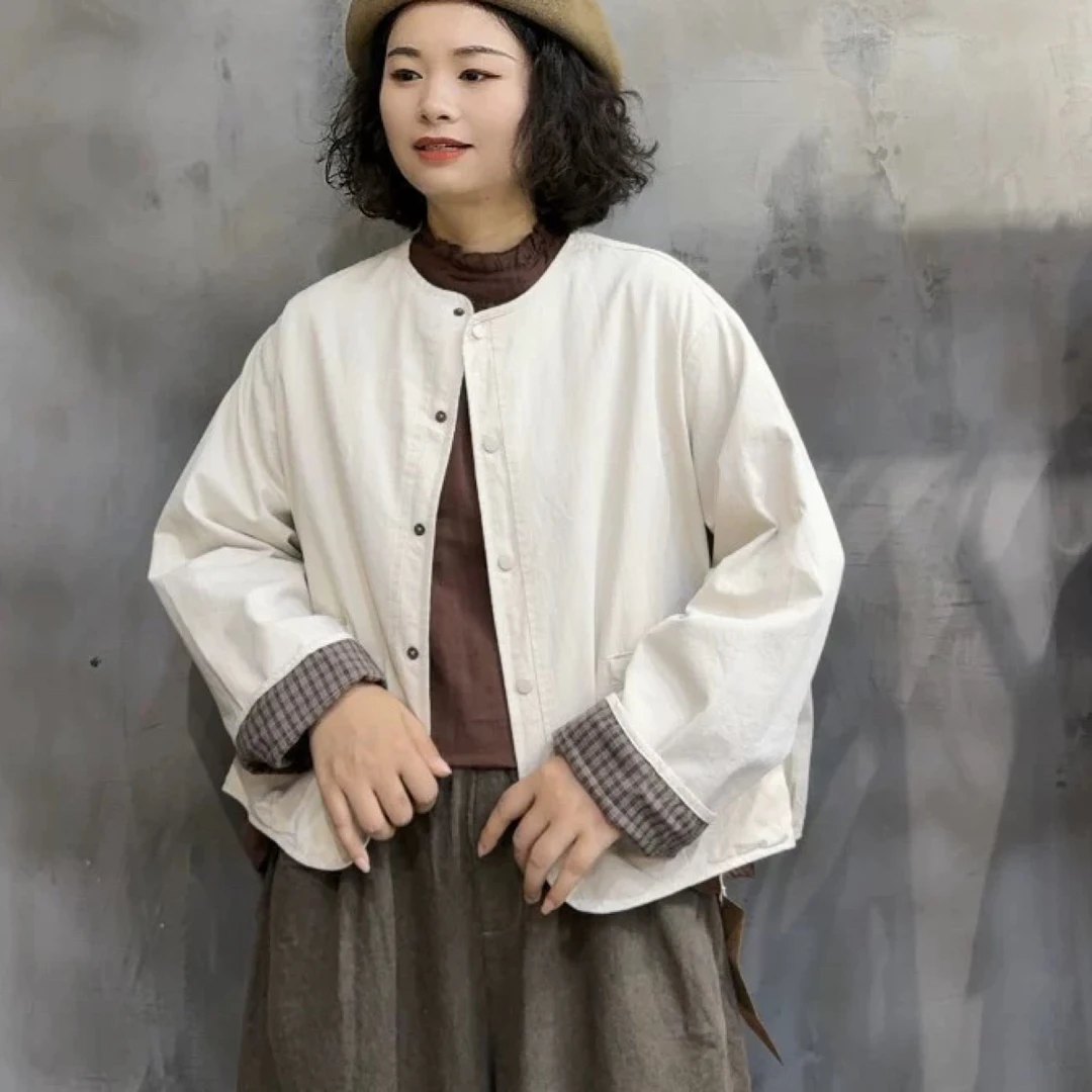 芒果小妖日系文艺极简风纯棉双层圆领外套女宽松休闲卷袖格子上衣