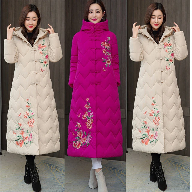 民族风绣花棉服女长款过膝2025新款中国风覆古盘扣羽绒棉衣唐装潮