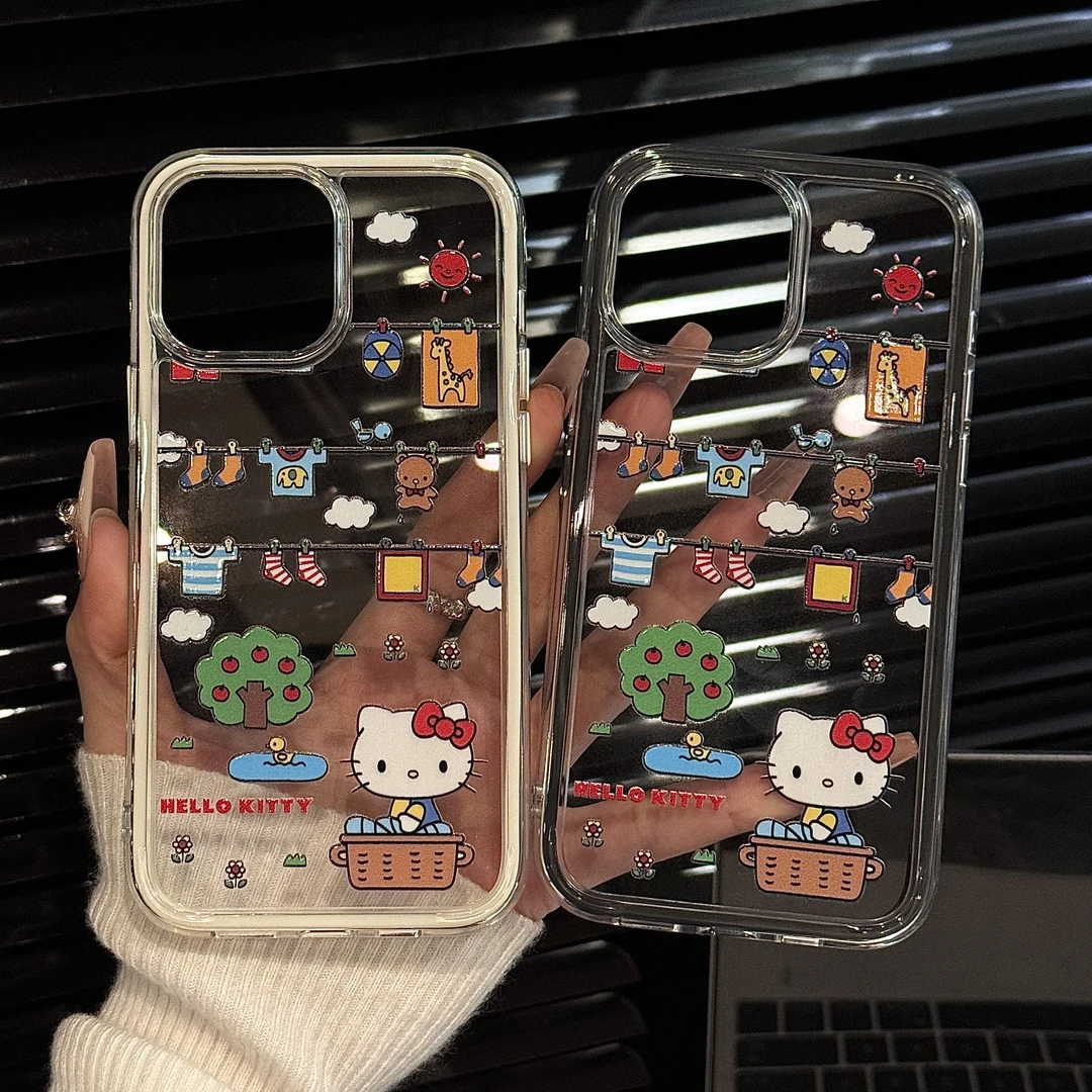 适用苹果16pro三合一炫彩iPhone15手机壳华为可爱kitty晾衣架防摔