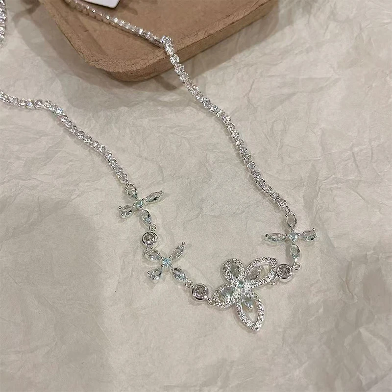 铜合金合成锆石项链 超仙满钻蝴蝶锁骨链女高级轻奢精致颈链7064
