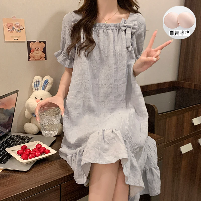 夏天短袖睡裙薄款云朵棉睡衣女带胸垫蝴蝶结纯色提花甜美风家居服