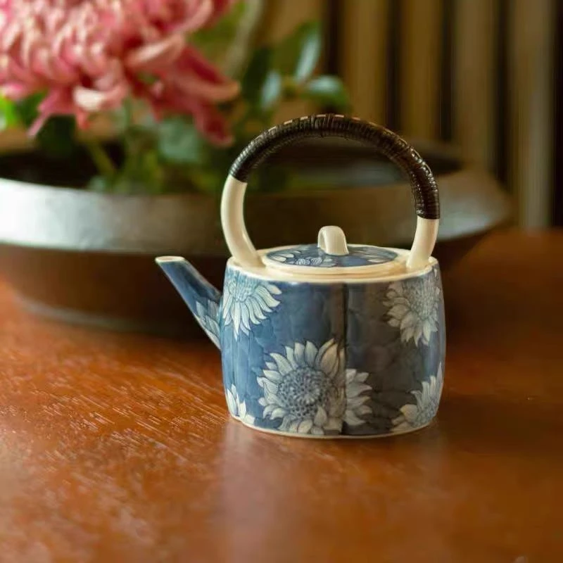 梵山堂青花太阳花对影小提梁壶景德镇陶瓷茶具煮茶泡茶壶200ml