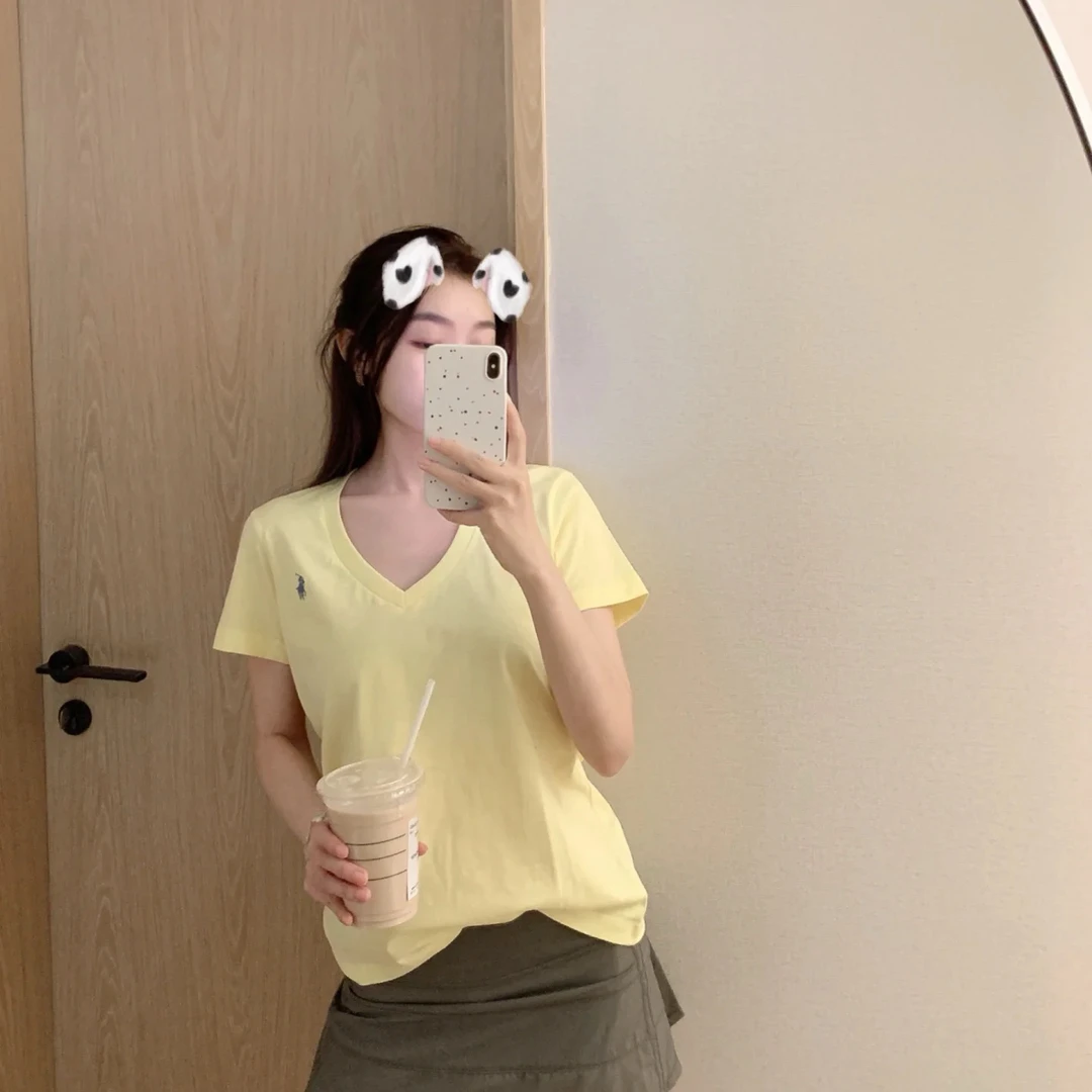 NANYOU夏季短款时尚设计薄款白色小马刺绣V领纯色短袖T恤修身