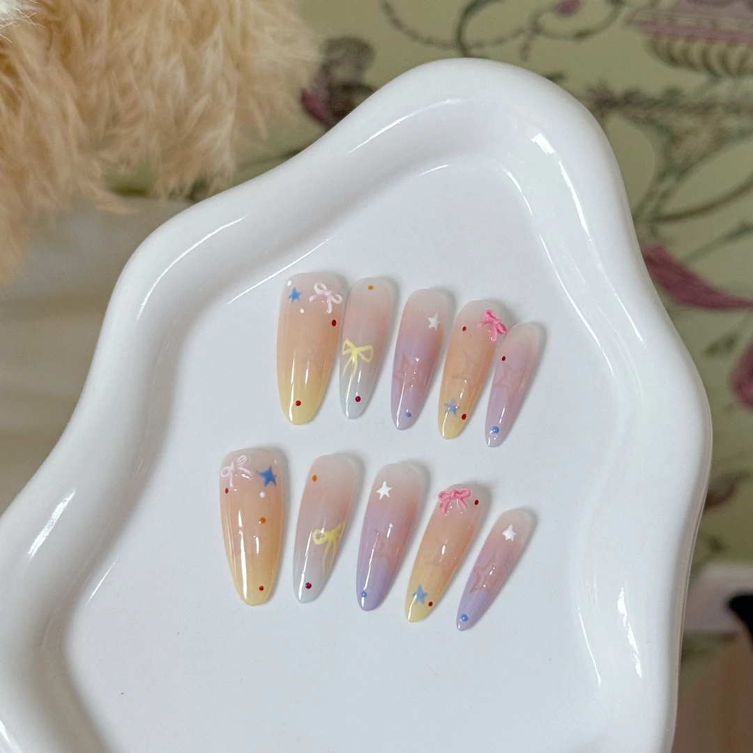 夏日多巴胺波点高级感渐变百搭可拆卸蝴蝶结可爱星星穿戴甲