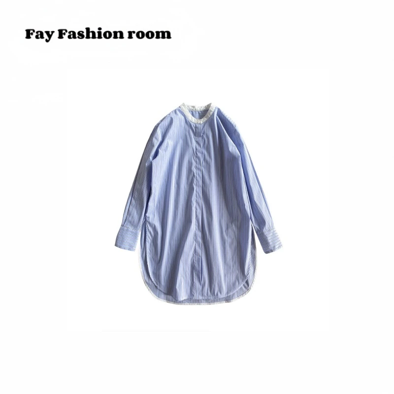 FAY | 日系松弛感  小圆领条纹宽松长袖衬衫