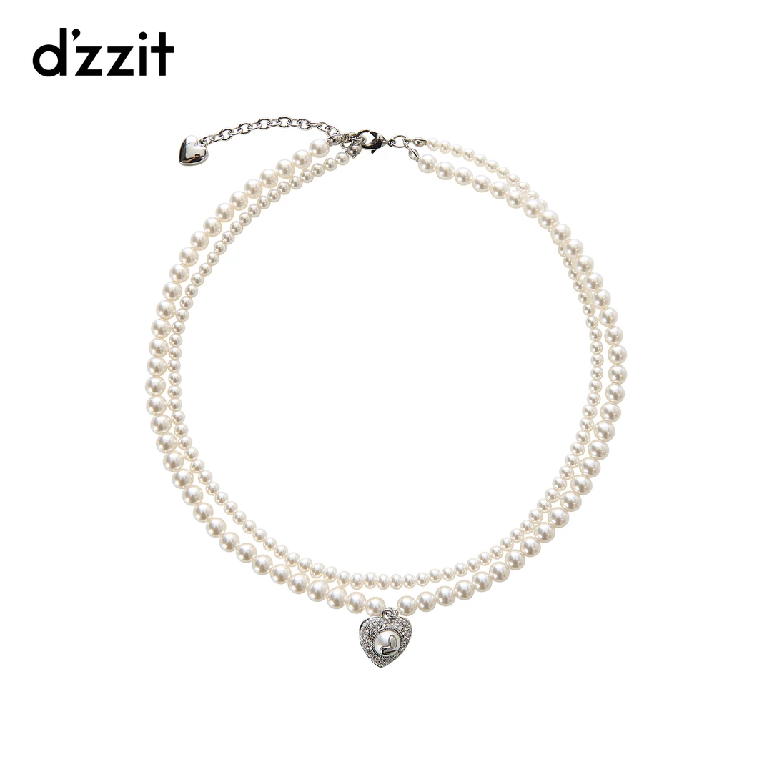 非金属仿珍珠项链 dzzit项链25冬爱心吊坠双层锁骨链女3J4Z205