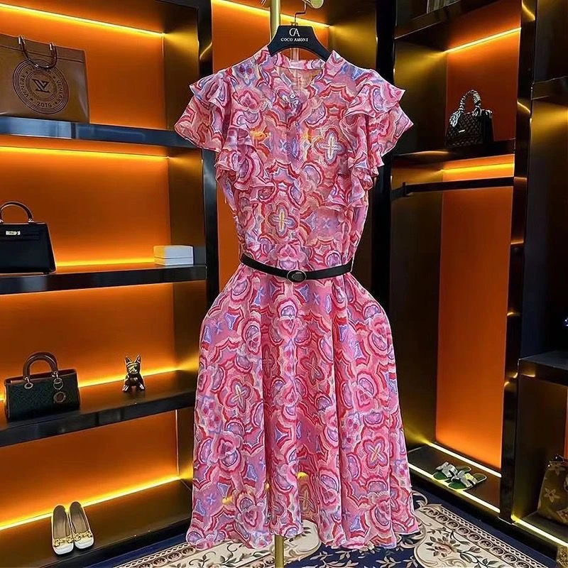 轻奢夏季雪纺连衣裙新款气质v领泡泡袖收腰显瘦裙子F302